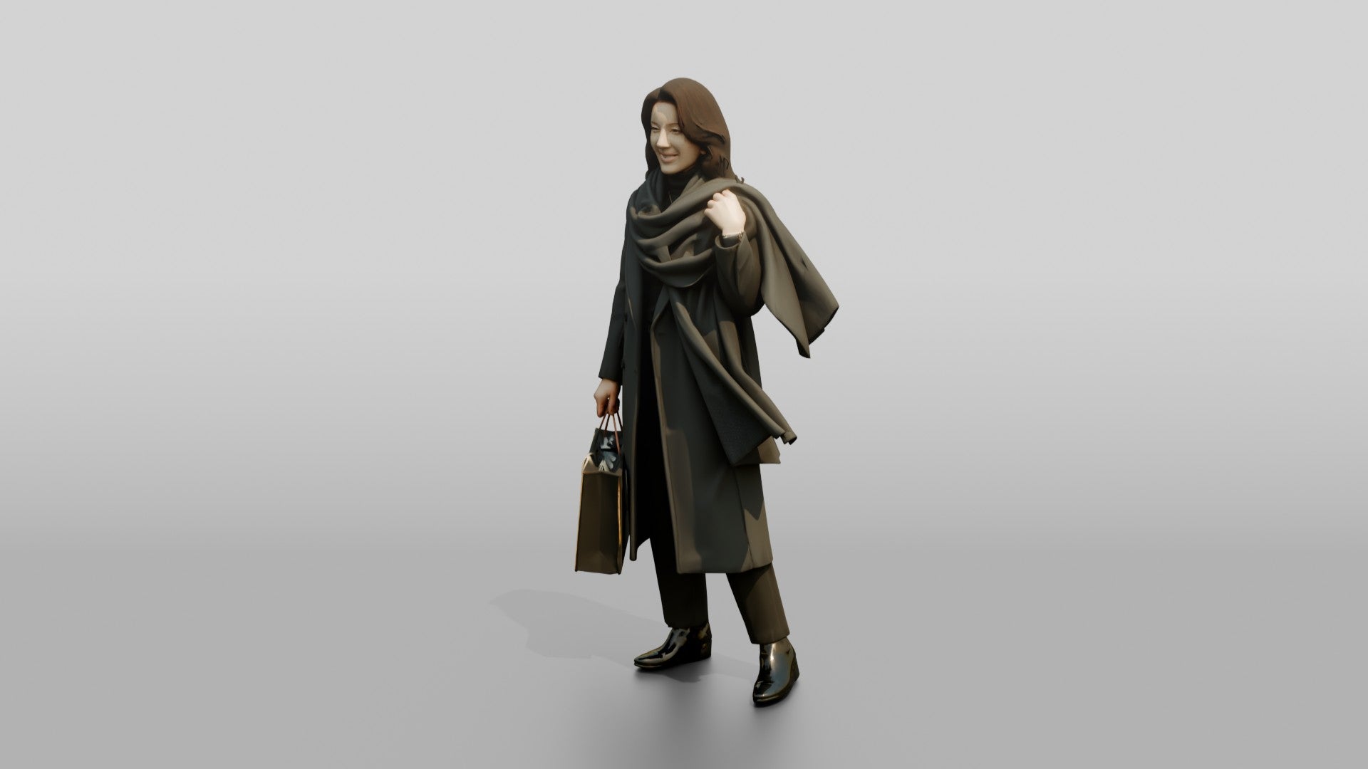 Woman Adjusting Scarf with Designer Shopping Bag