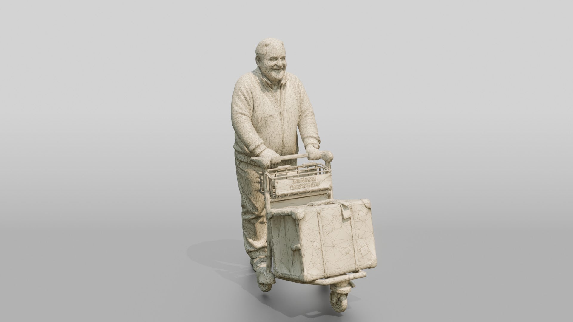 Elderly Bald Man Pushing Luggage Cart with Vintage Suitcase