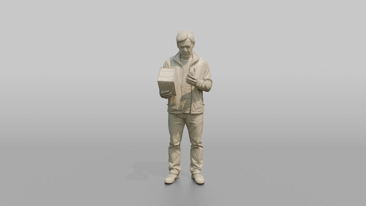 Man Customer Comparing Prices On His Phone While Holding A Product - wireframe topology preview