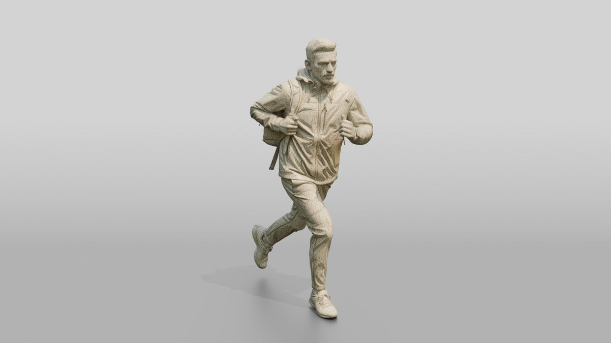 White Man Running for the Bus in Red Jacket - wireframe topology preview