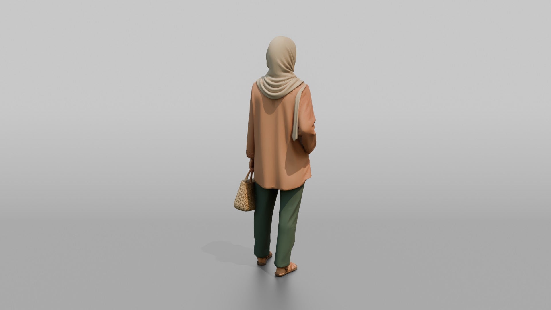 Hijab Woman with Wicker Bag in Peach Tunic