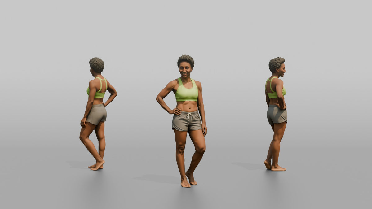 Physique Model Woman Standing In A Relaxed Athletic Stance, Hand On Hip - 3D character model, view 1