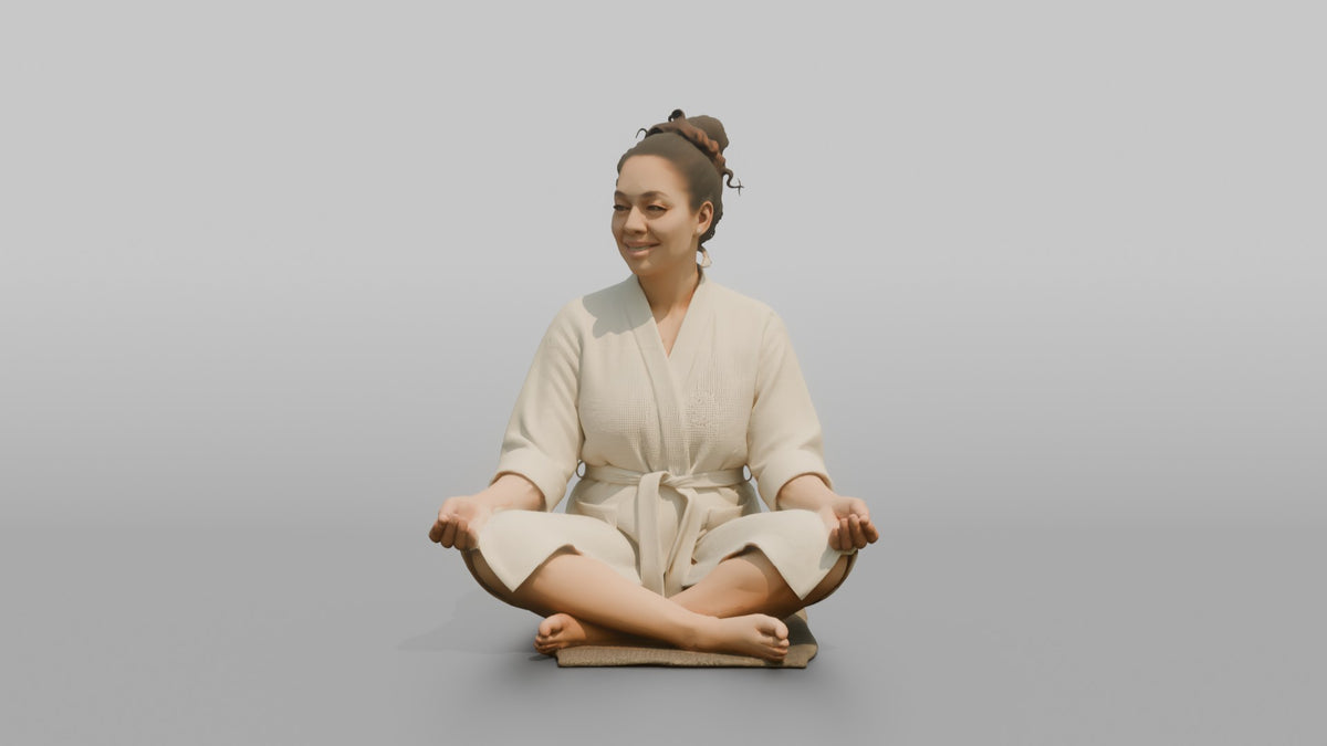 Spa Client Man Sitting Cross-legged On A Mat, Wearing A Spa Robe - 3D character model, view 5