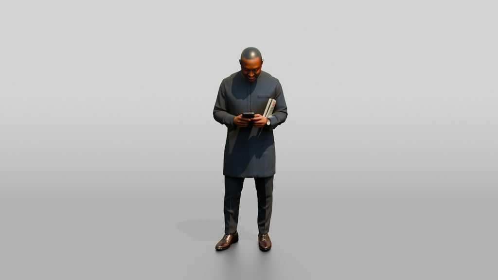 African Man in a Senator-Style Suit Checking His Phone