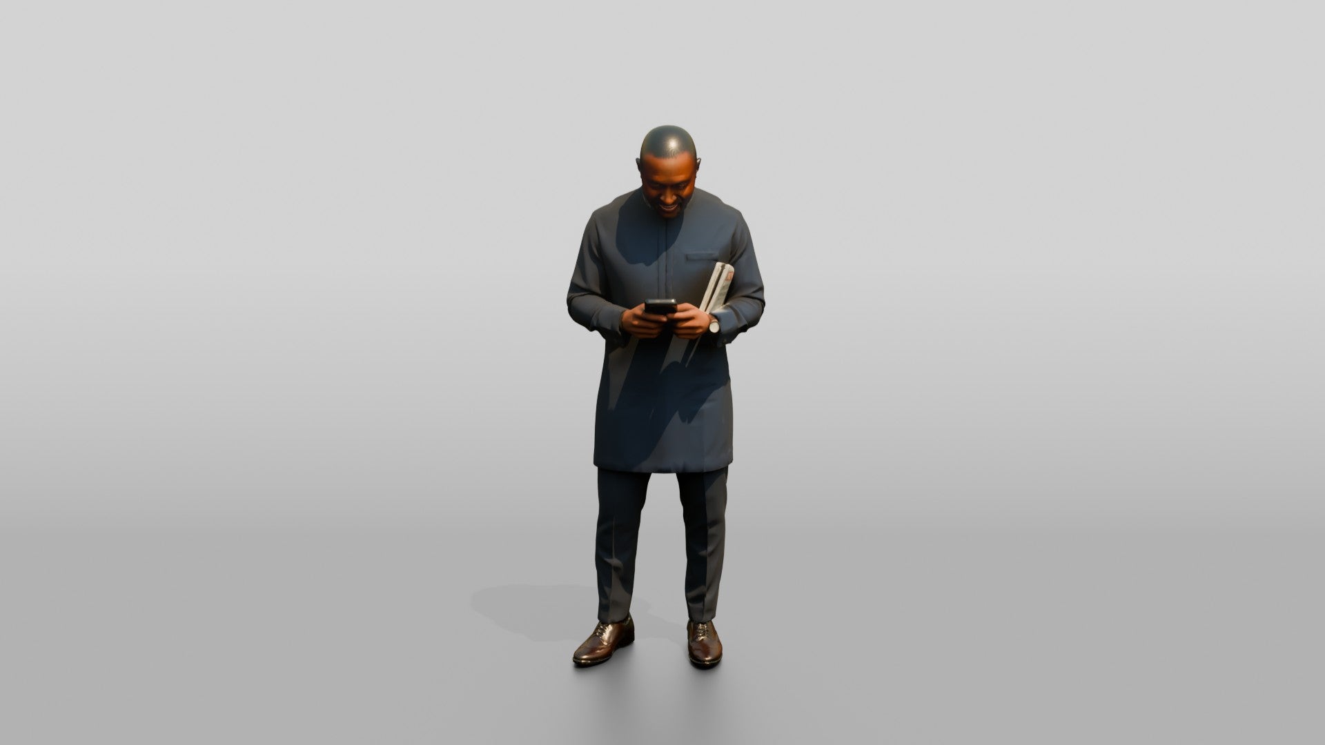 African Man in a Senator-Style Suit Checking His Phone
