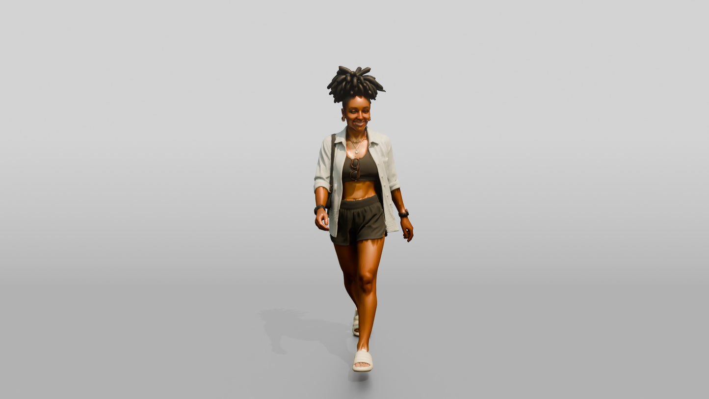African-American Woman Walking the Boardwalk in Beach Shirt