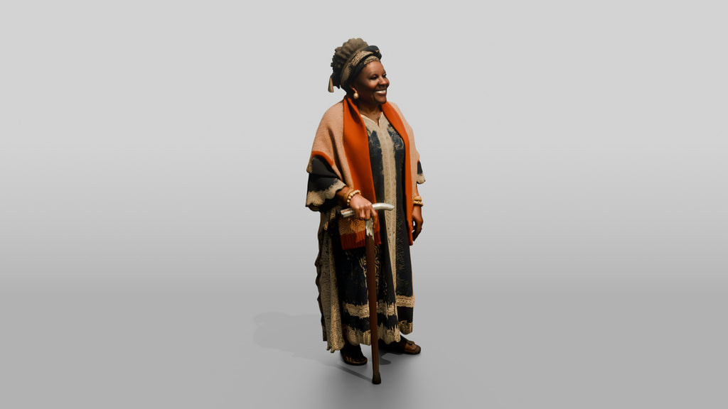 Elderly African Woman with a Walking Stick in a Lace Gown
