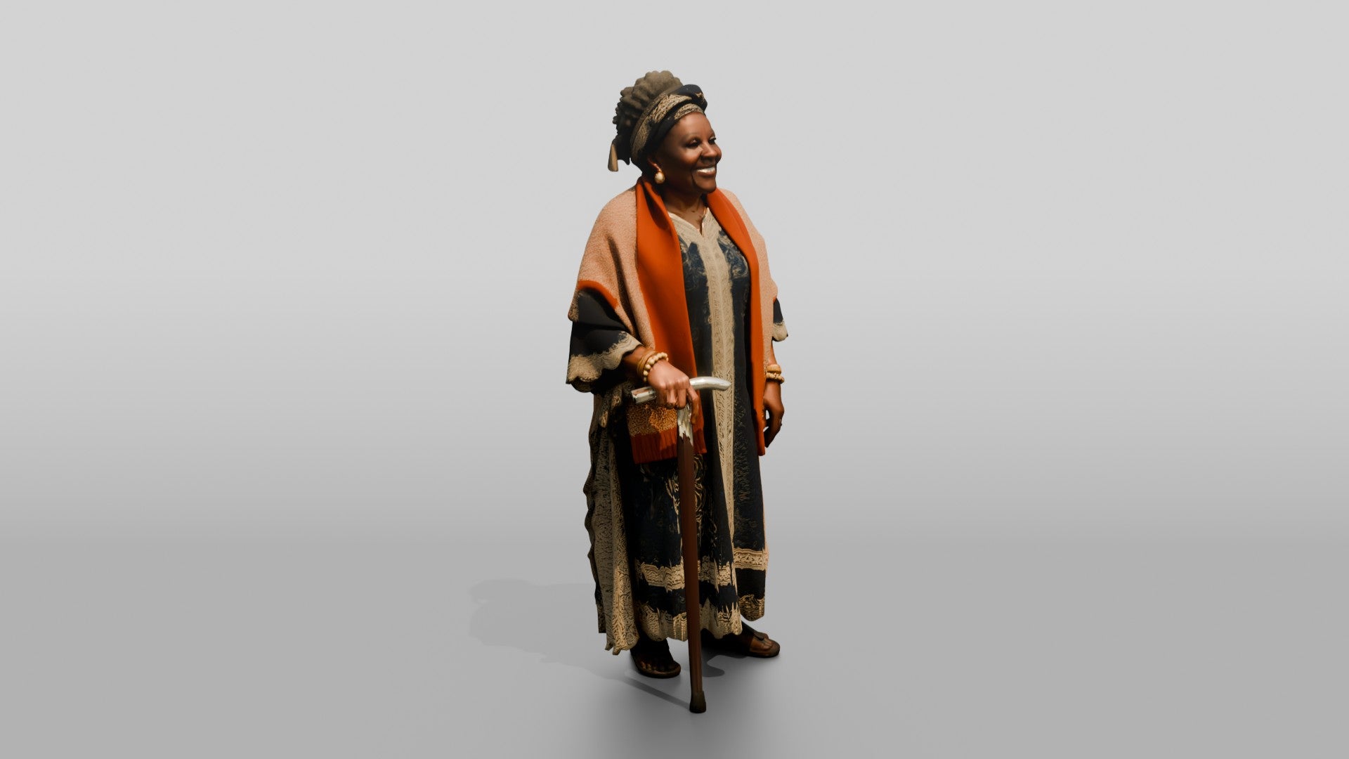 Elderly African Woman with a Walking Stick in a Lace Gown