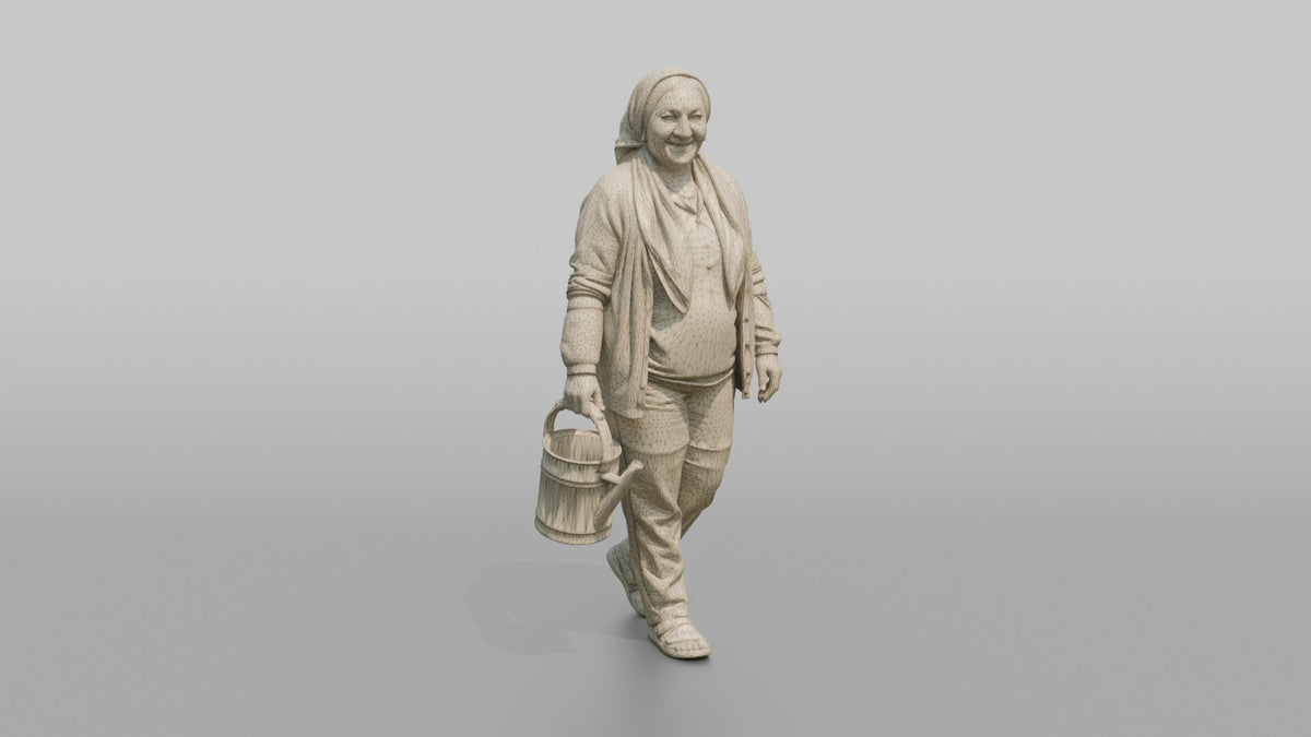 Grandmother Carrying A Watering Can For Her Garden - wireframe topology preview