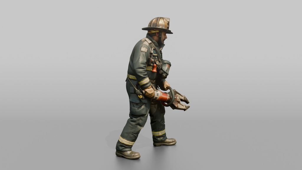 Firefighter Man Leaning Forward While Carrying Rescue Cutters