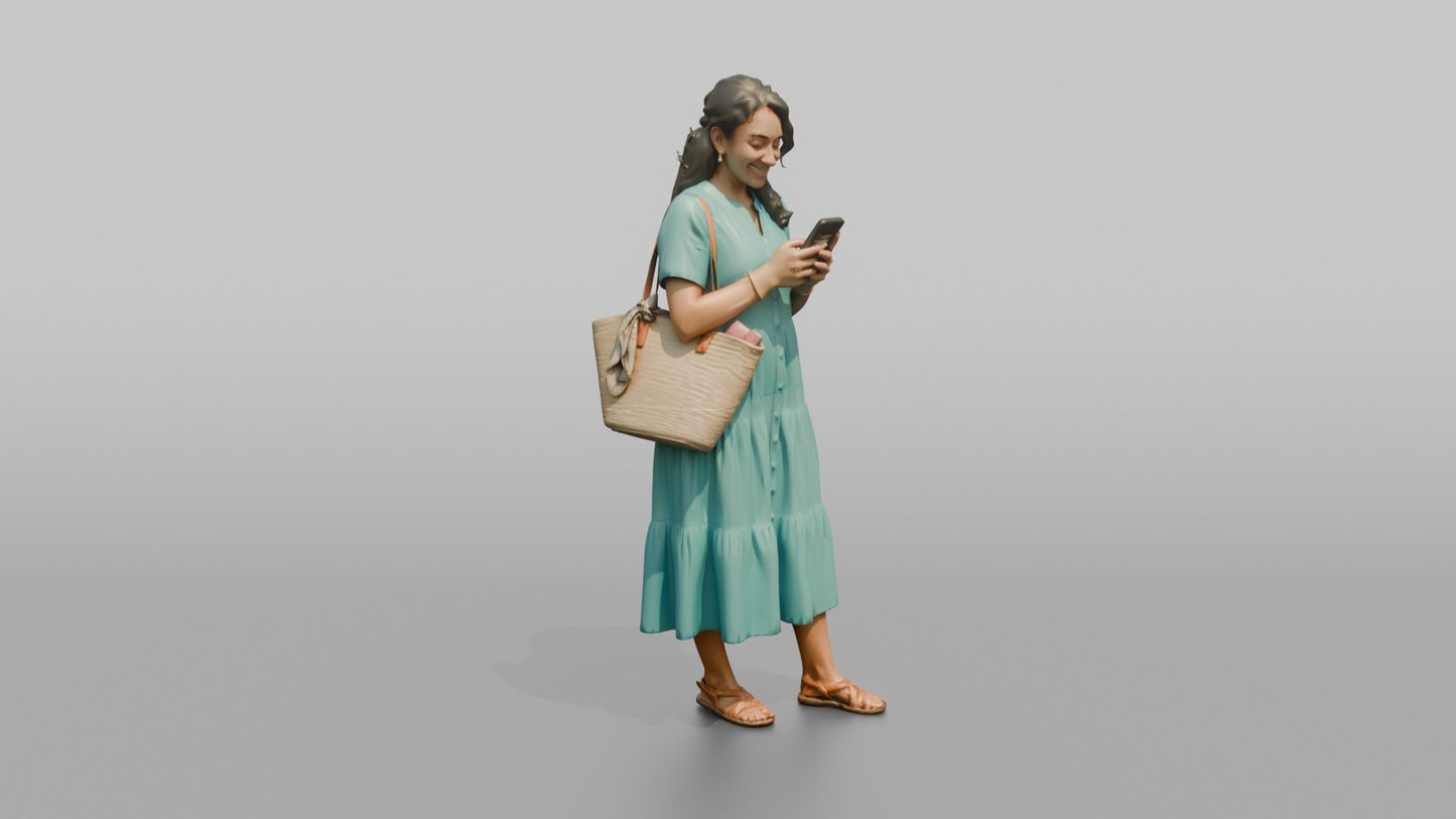 Vacationer Wearing Bright Turquoise Summer Dress And Straw