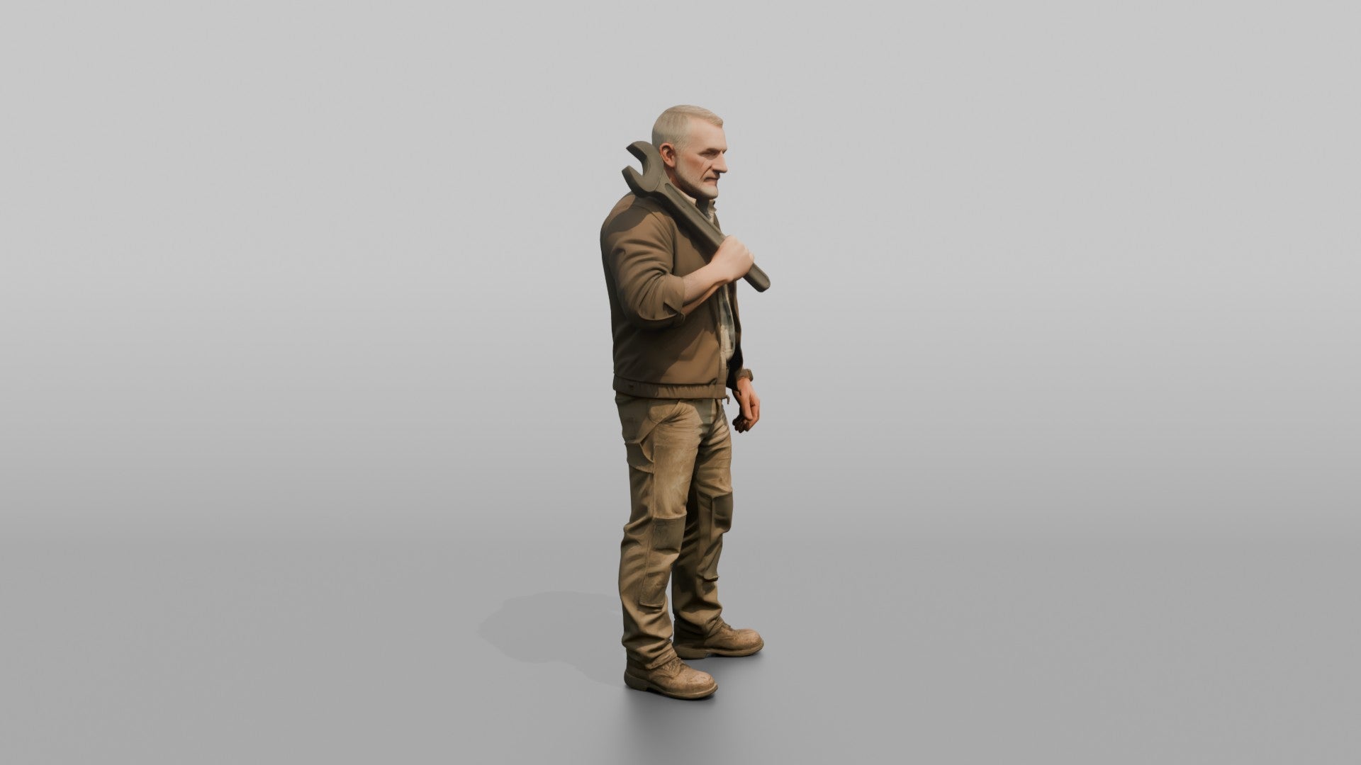 Farmer Holding Heavy Spanner Wrench Over Shoulder
