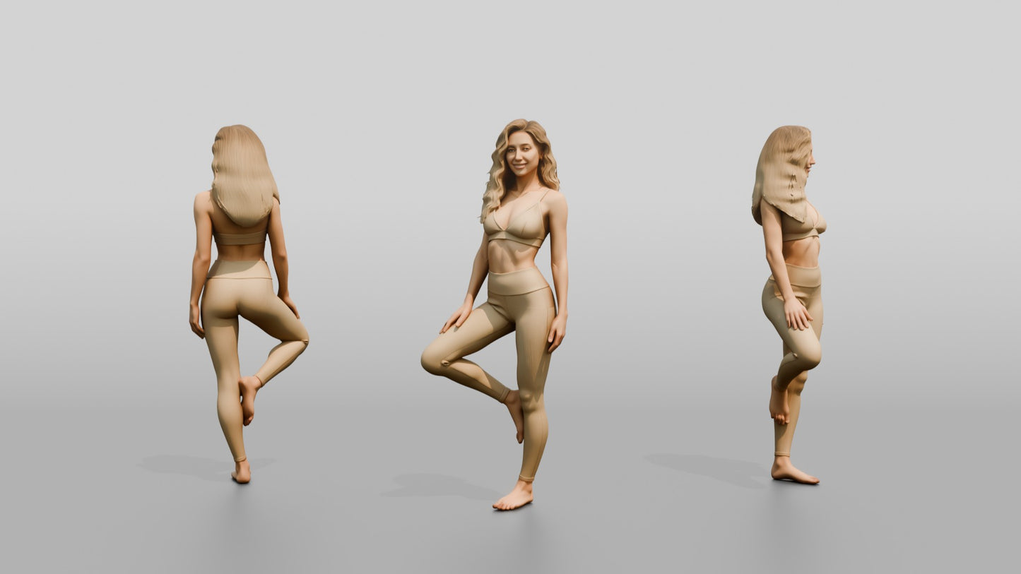 Blonde Woman in Beige Activewear in Tree Pose