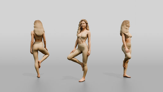 Blonde Woman in Beige Activewear in Tree Pose - 3D character model