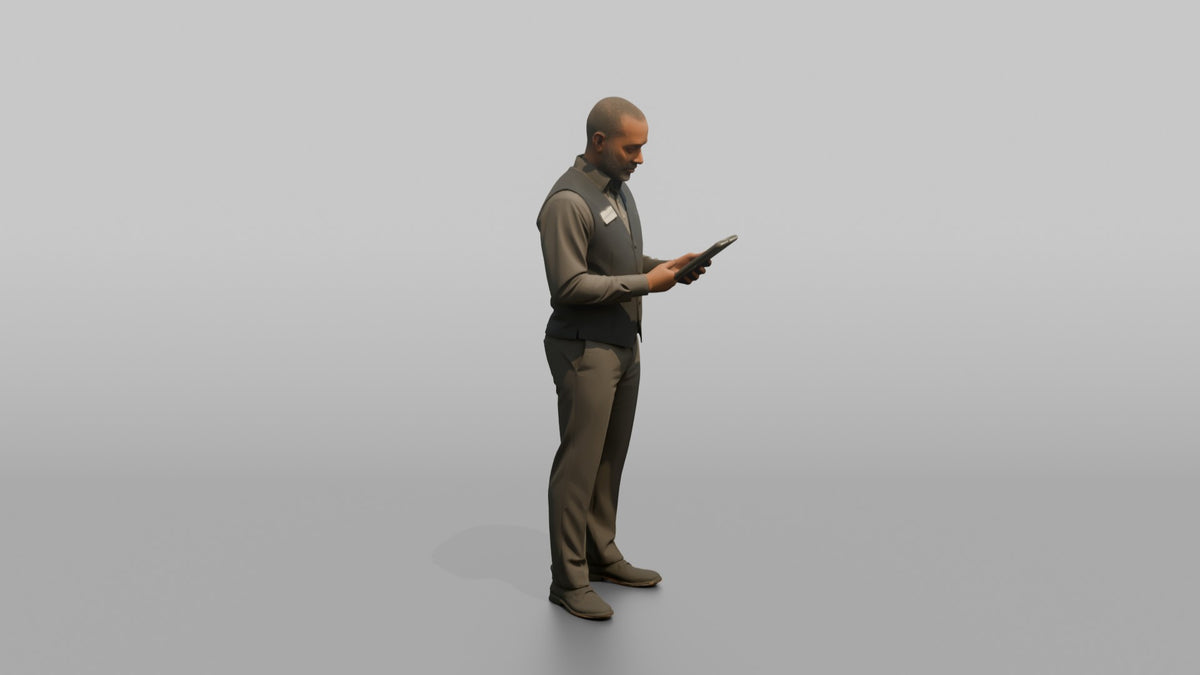 Man Sales Associate Holding A Tablet, Checking Something On The Screen - 3D character model, view 2