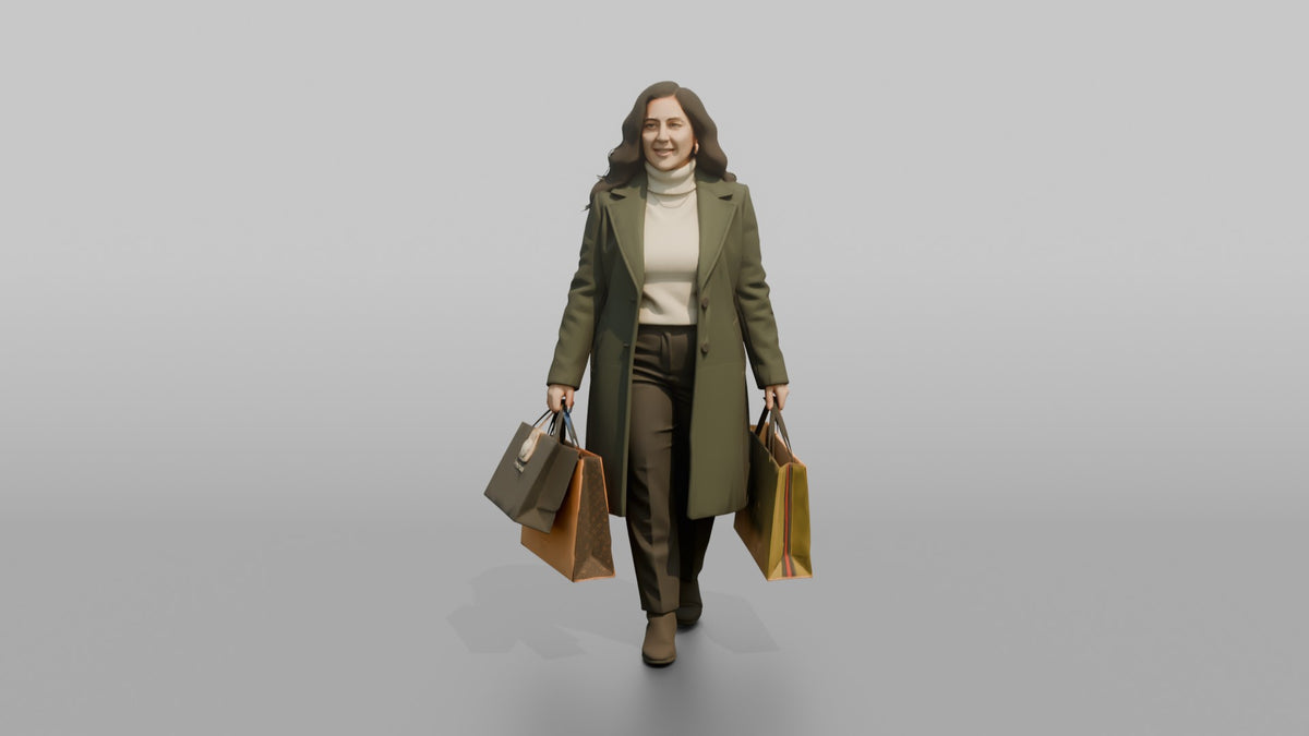 Woman in Green Wool Coat with Shopping Bags - 3D character model, view 5