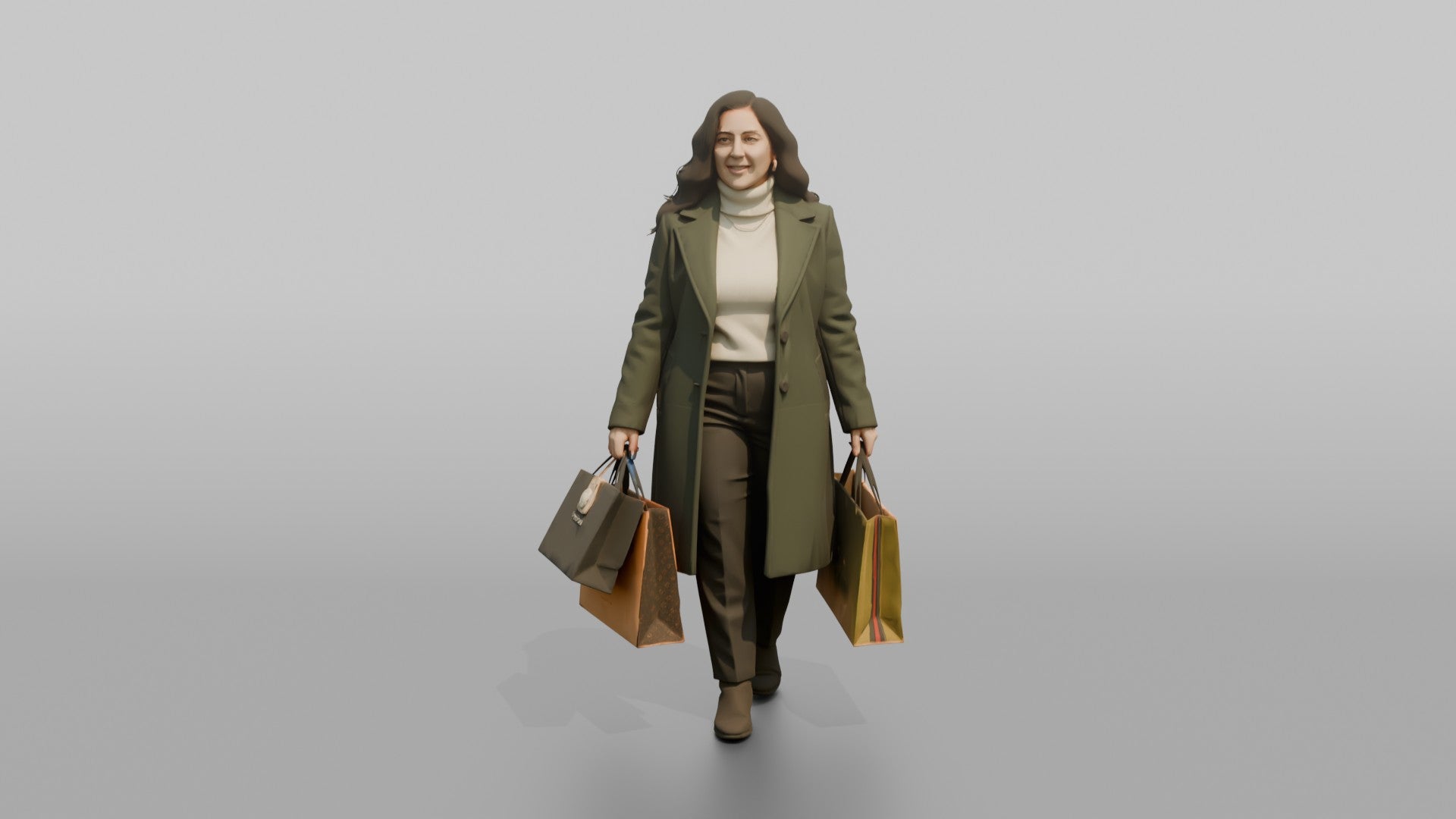 Woman in Green Wool Coat with Shopping Bags