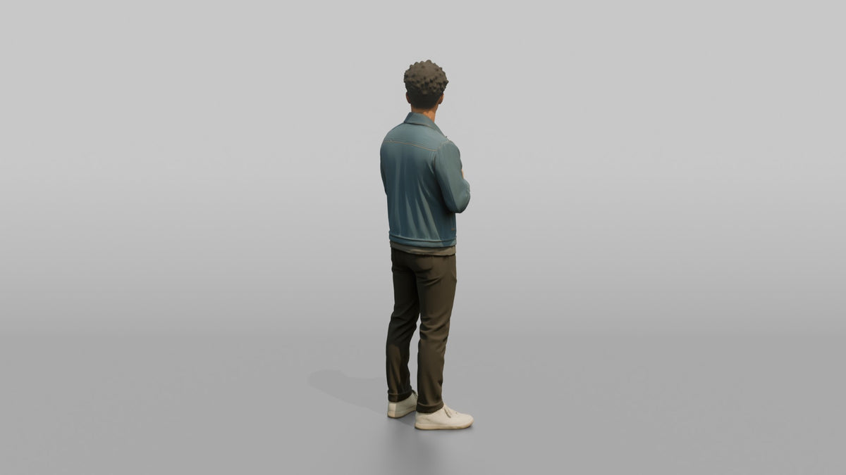 Man Customer Trying On A Denim Jacket - 3D character model, view 3