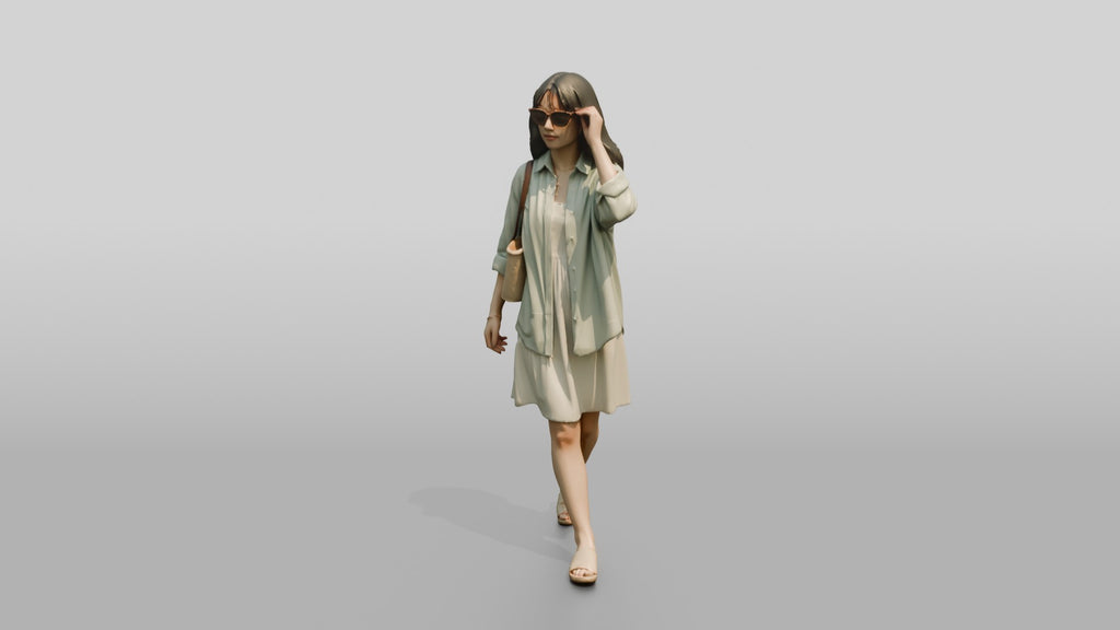 Woman Walking in Sunglasses with Straw Tote