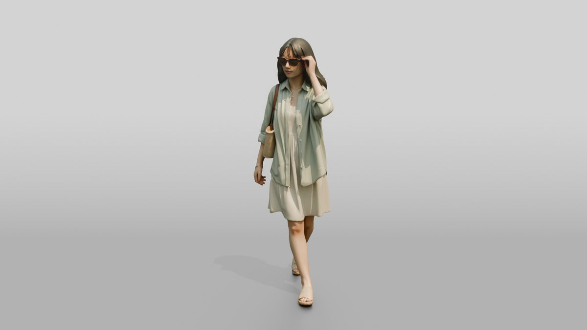 Woman Walking in Sunglasses with Straw Tote - 3D character model, view 4