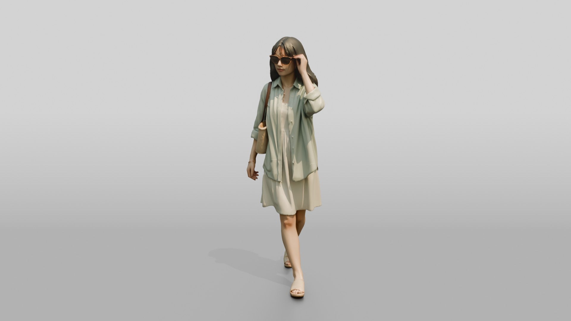 Woman Walking in Sunglasses with Straw Tote
