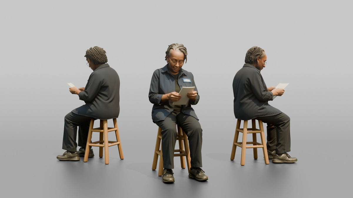 Woman Store Clerk Sitting On A Stool Reading A Receipt - 3D character model, view 1