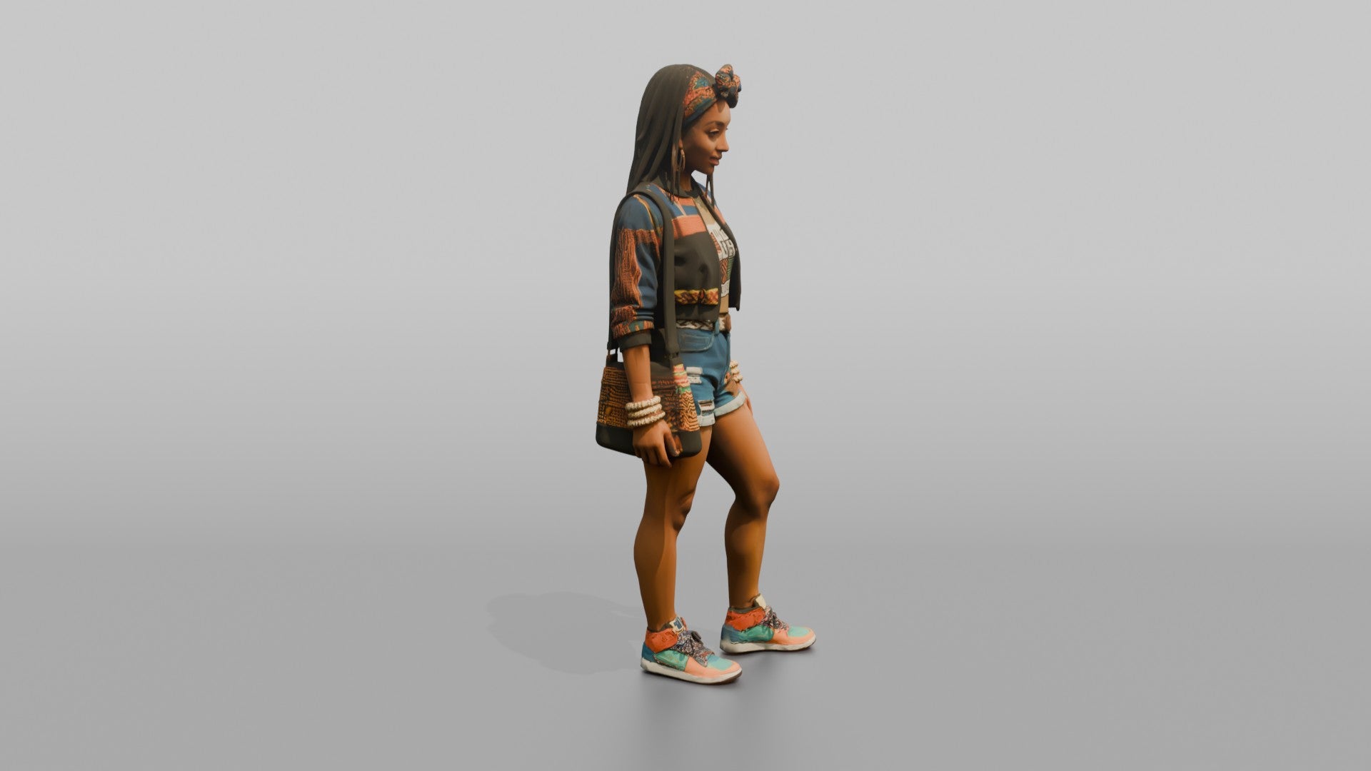 African Woman in Print Crop Sweater and Denim Shorts