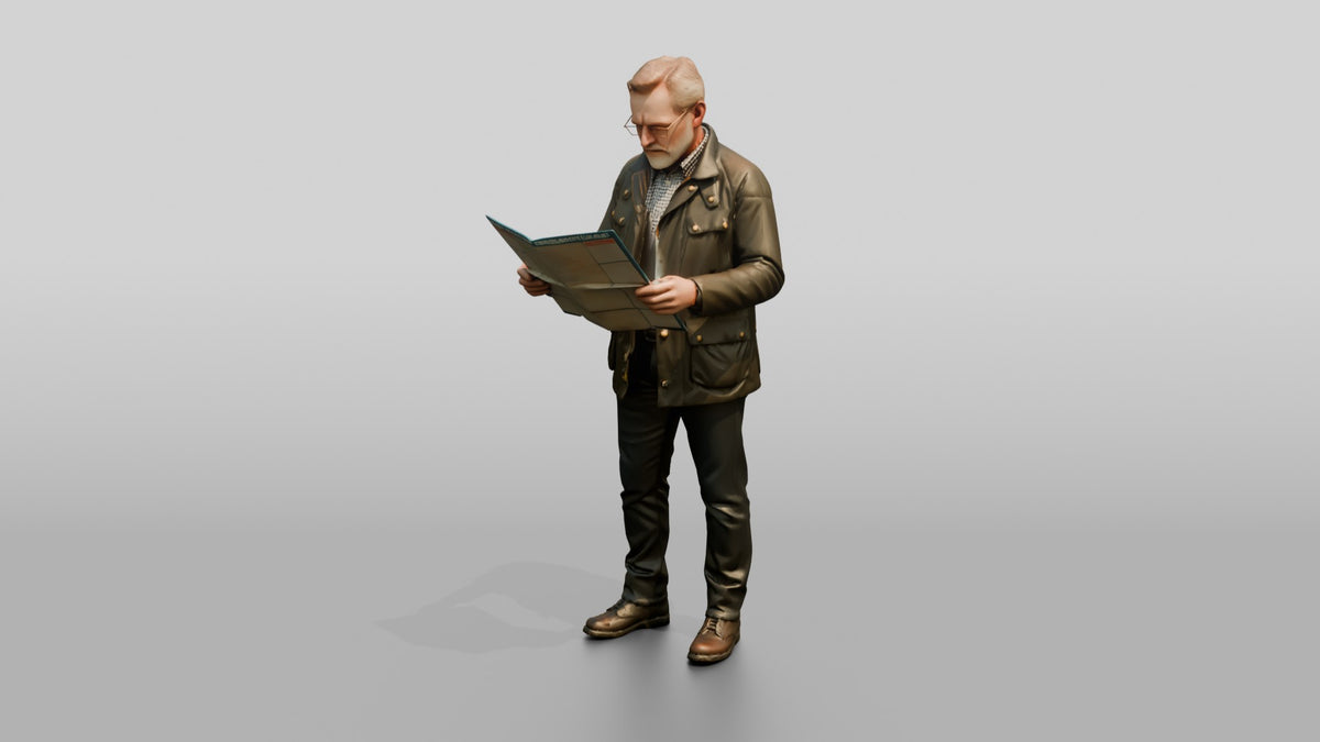 White Man in Waxed Jacket Checking a Map - 3D character model, view 4