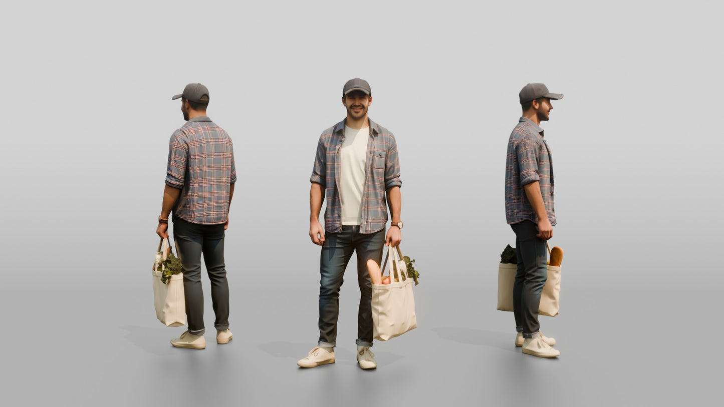 Caucasian Man in Flannel Shirt with Grocery Bag