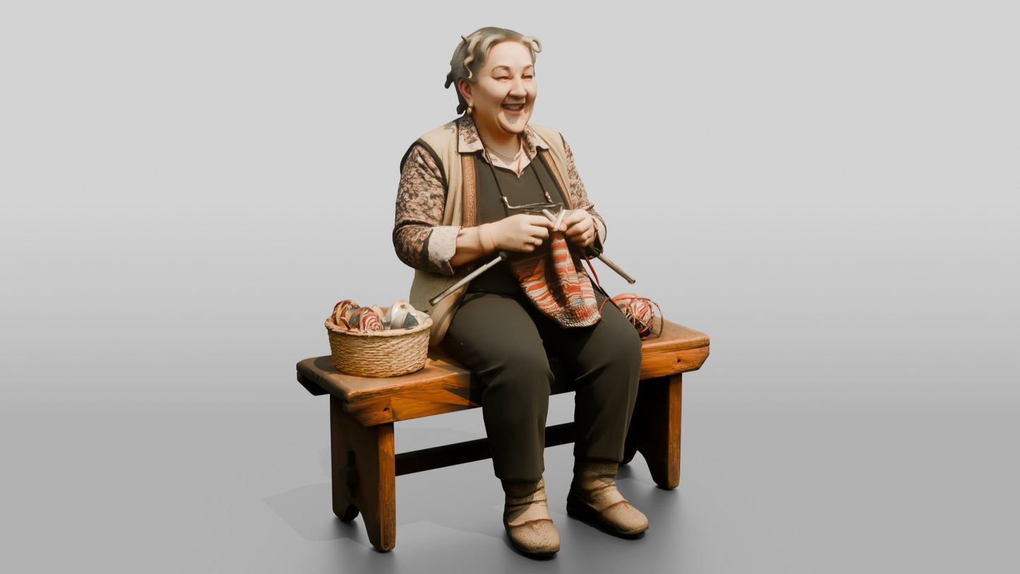 Elderly Woman Knitting on Bench
