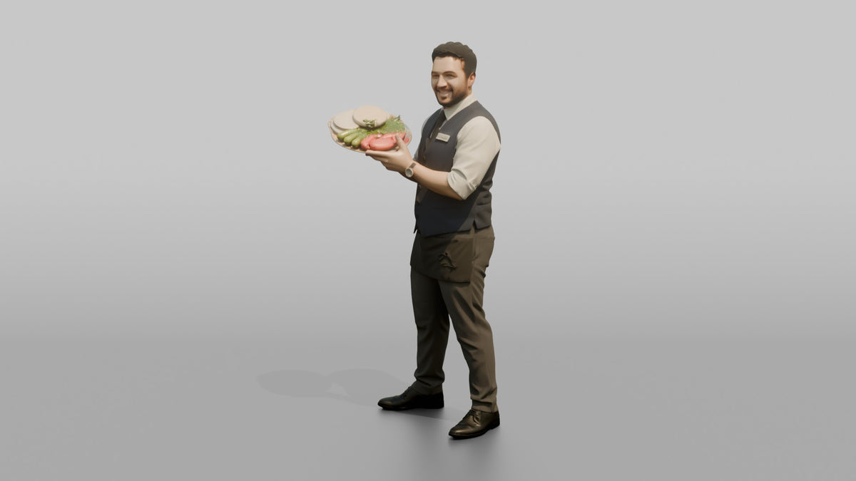 Server Man Carrying A Tray Of Appetizers - 3D character model, view 4