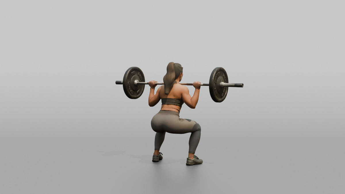 Weightlifter Woman Holding A Barbell Across The Shoulders In A Squat Stance - 3D character model, view 3
