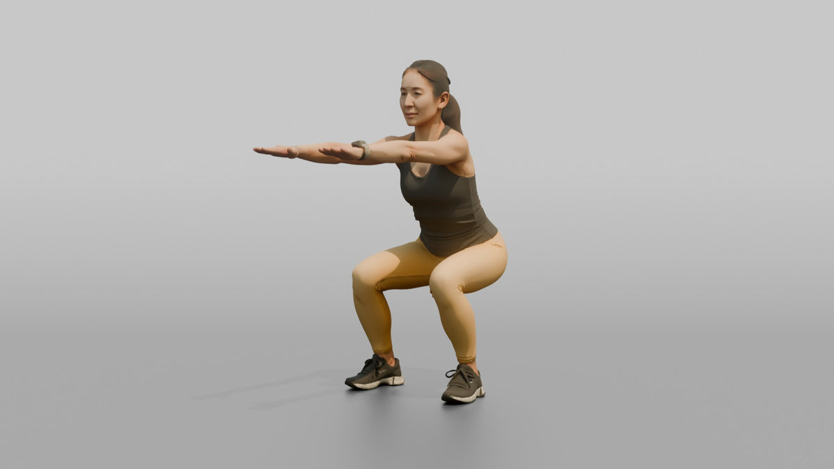 Bodyweight Athlete Woman Doing A Bodyweight Squat, Arms Extended Forward - 3D character model, view 4