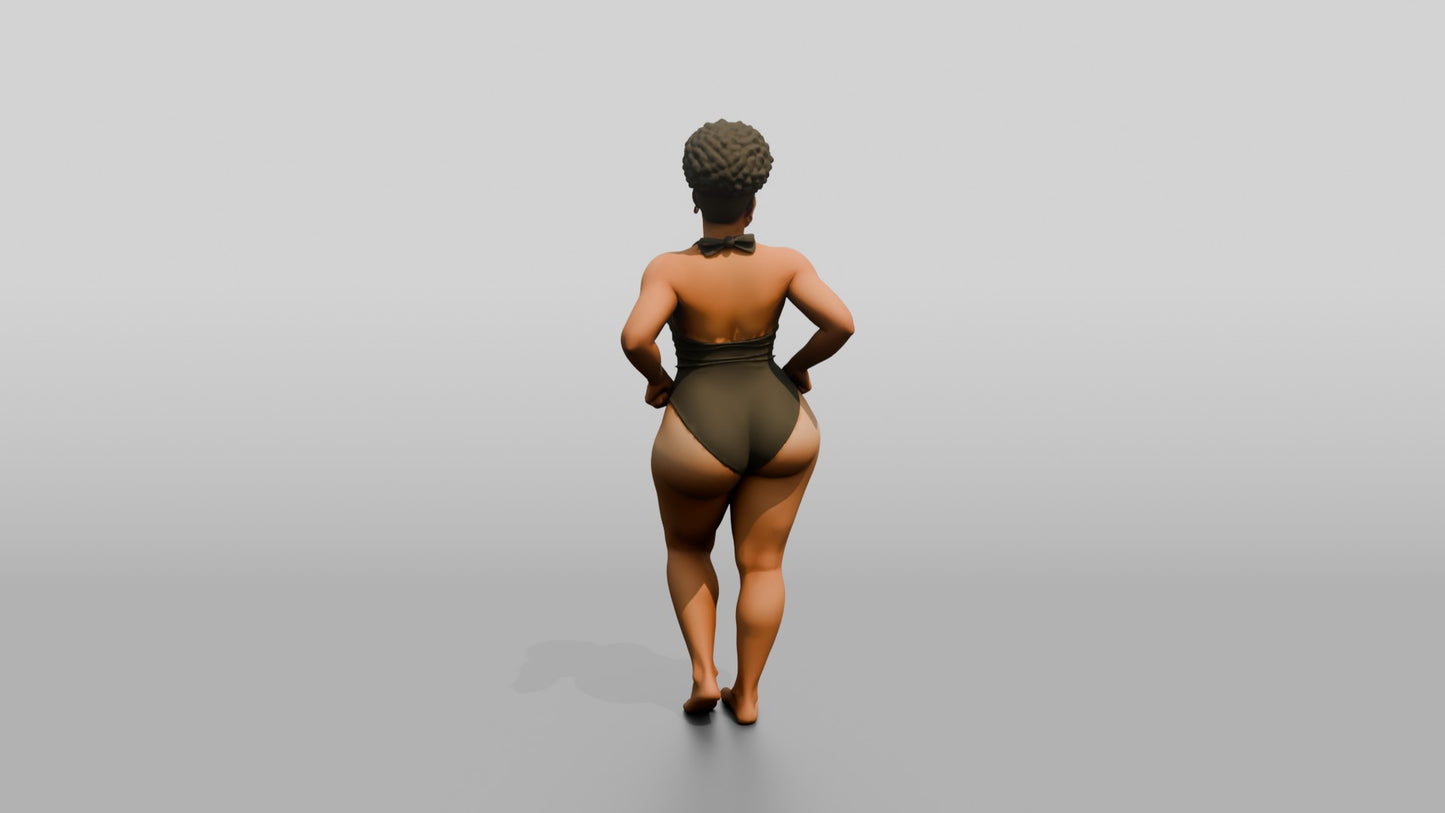 Curvy Black Woman in Olive One-Piece Swimsuit Hands on Hips