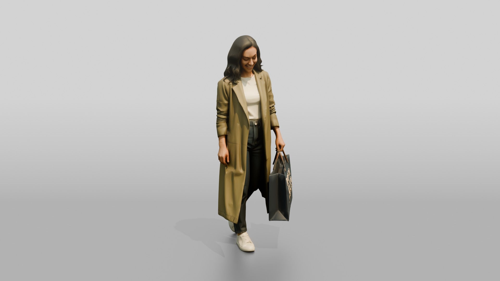 Woman in Long Olive Coat Walking with Luxury Shopping Bag