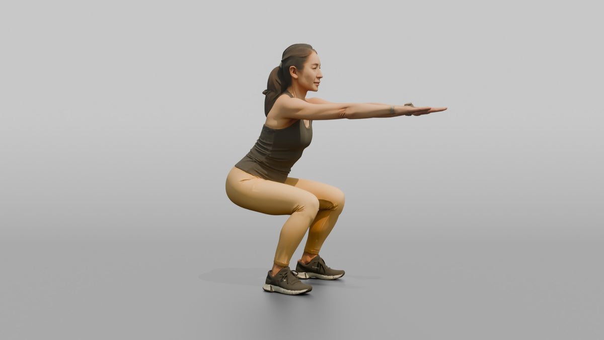 Bodyweight Athlete Woman Doing A Bodyweight Squat, Arms Extended Forward - 3D character model, view 2