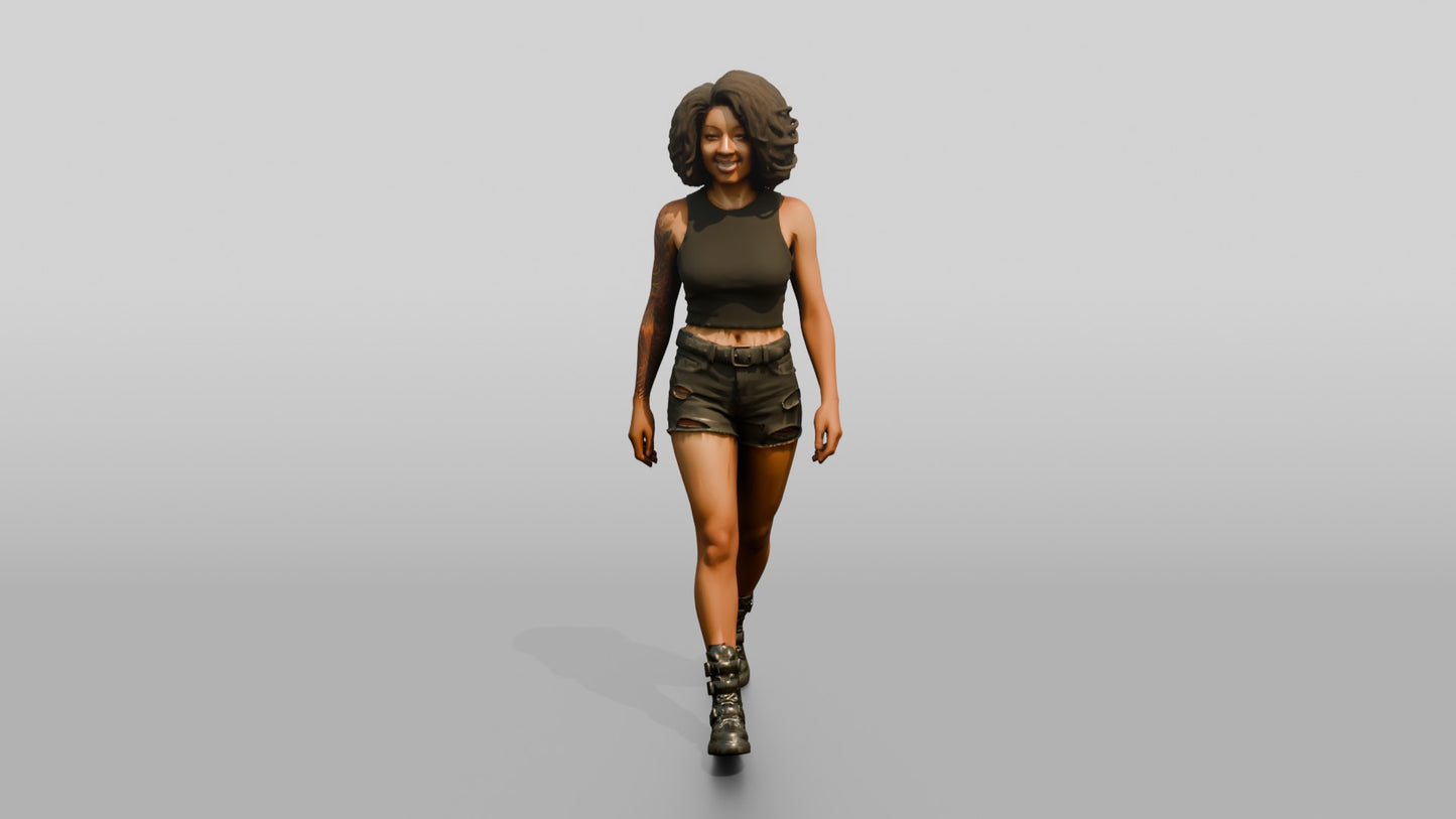Woman with Curly Hair Walking in Olive Tank Top and Shorts