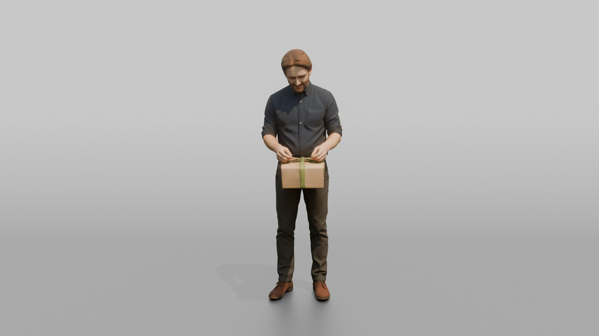 Man Sales Associate Wrapping A Gift Box With Ribbon - 3D character model, view 5