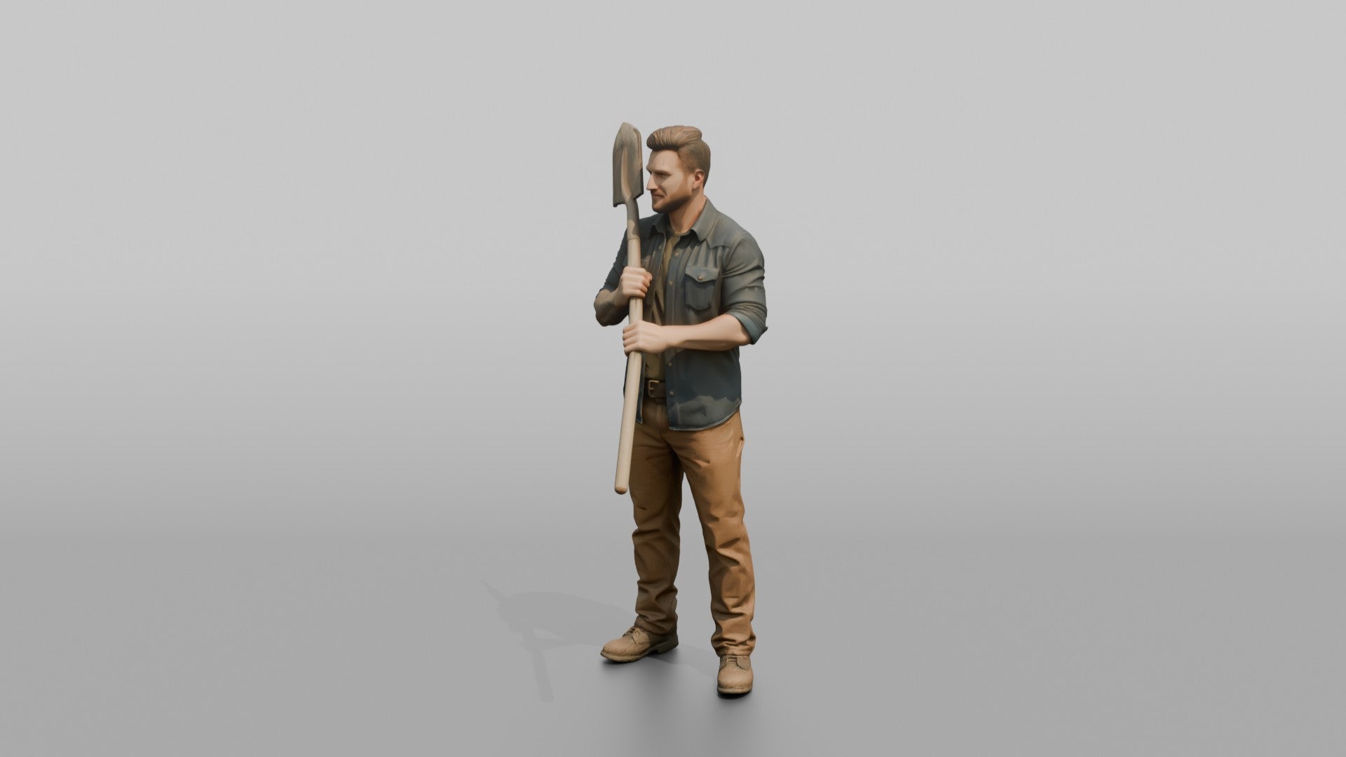 Farmer Holding Heavy Steel Shovel Resting Over