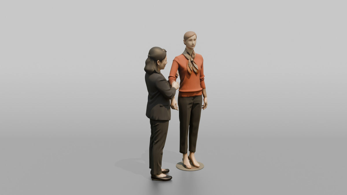 Woman Sales Associate Adjusting A Mannequin's Arm - 3D character model, view 2