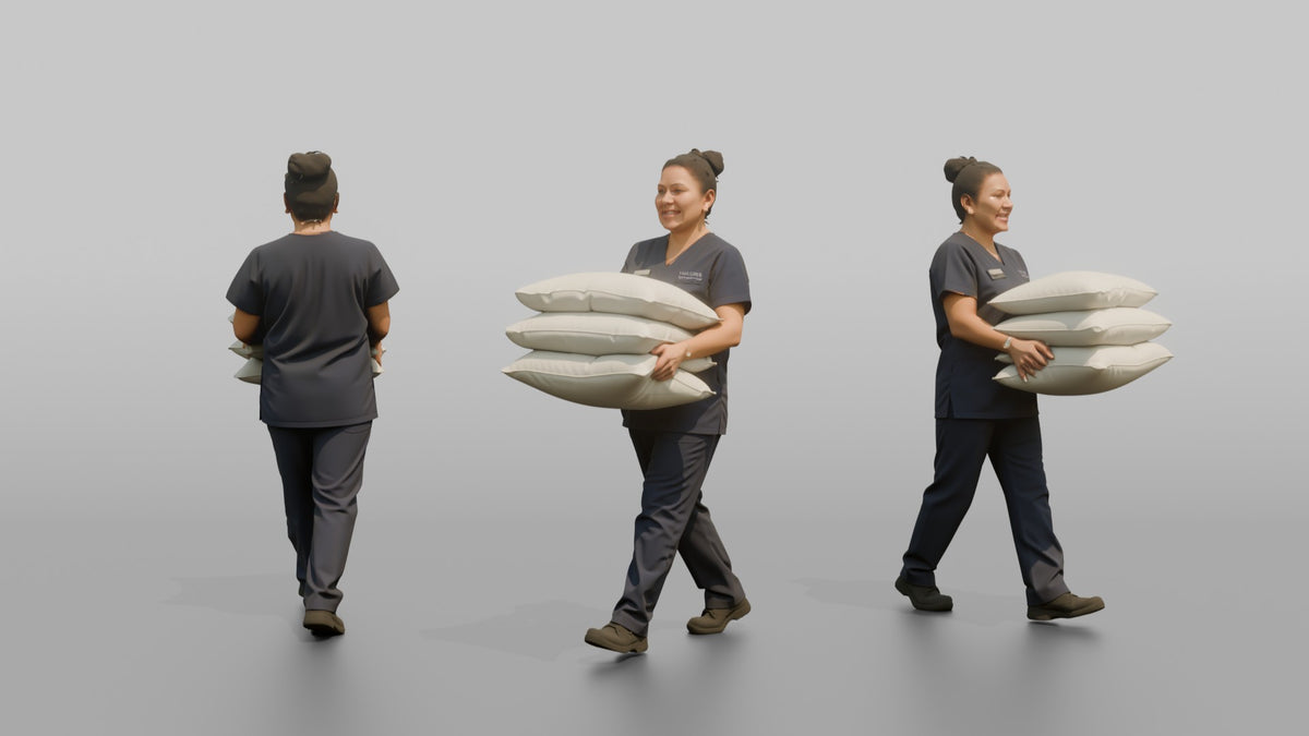 Housekeeping Staff Woman Carrying A Stack Of Pillows - 3D character model, view 1