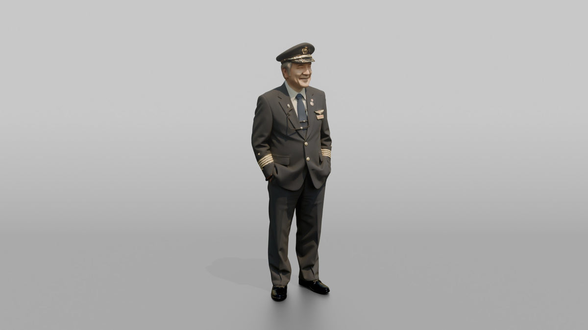 East Asian Airline Captain Smiling with Glasses in Hand - 3D character model, view 1
