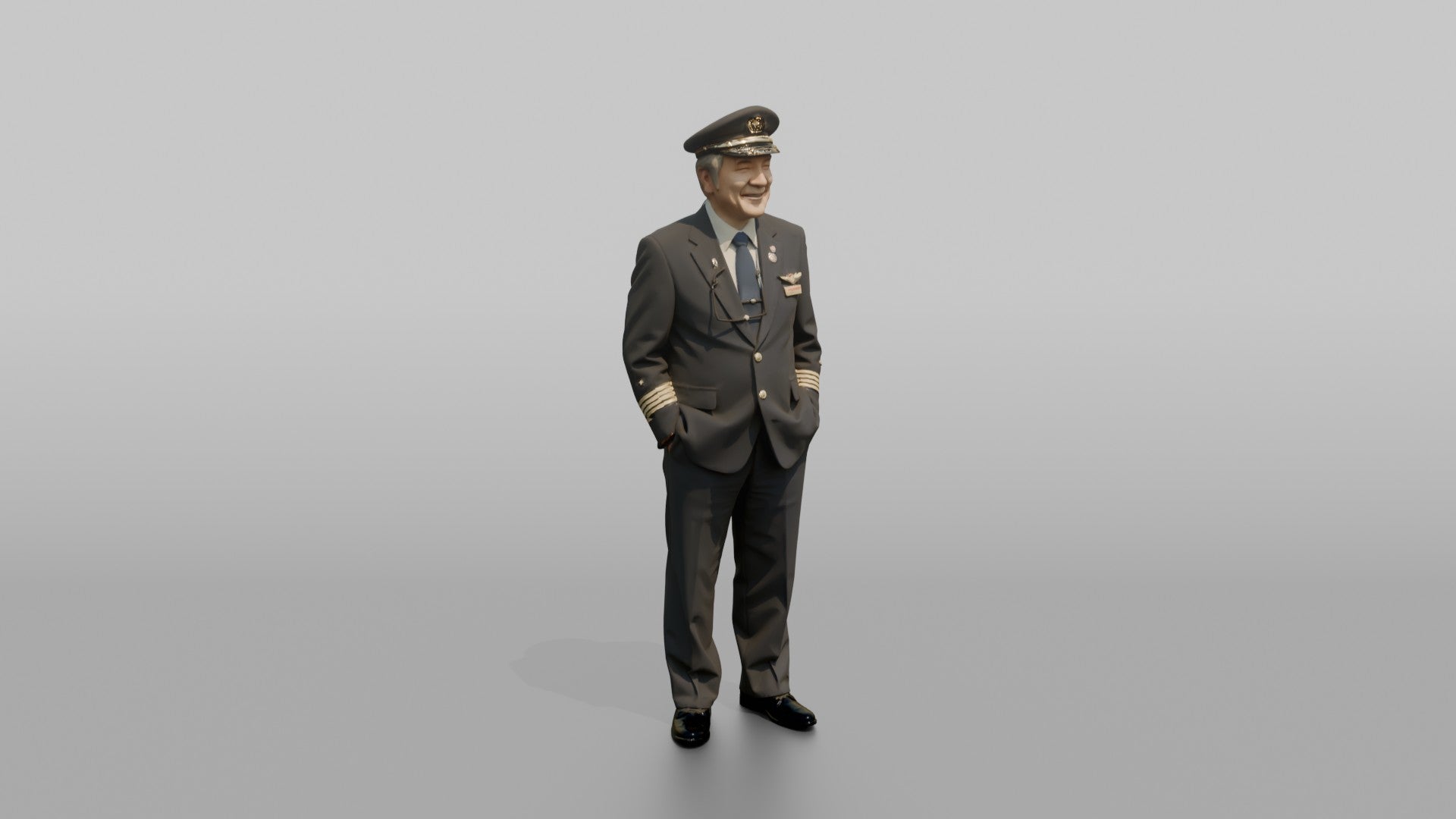 East Asian Airline Captain Smiling with Glasses in Hand
