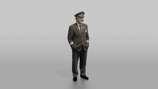 East Asian Airline Captain Smiling with Glasses in Hand - 3D character model, view 1