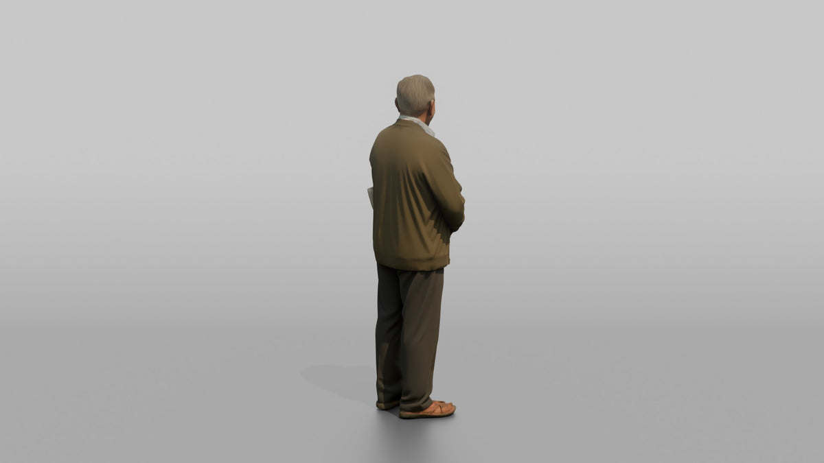 Grandfather Holding A Rolled-up Newspaper Under One Arm - 3D character model, view 3