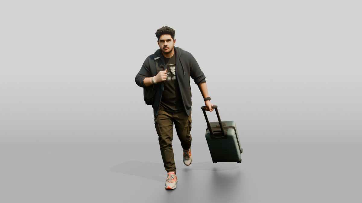 Plus-Size Man Running Through Airport Pulling Rolling Suitcase - 3D character model, view 5