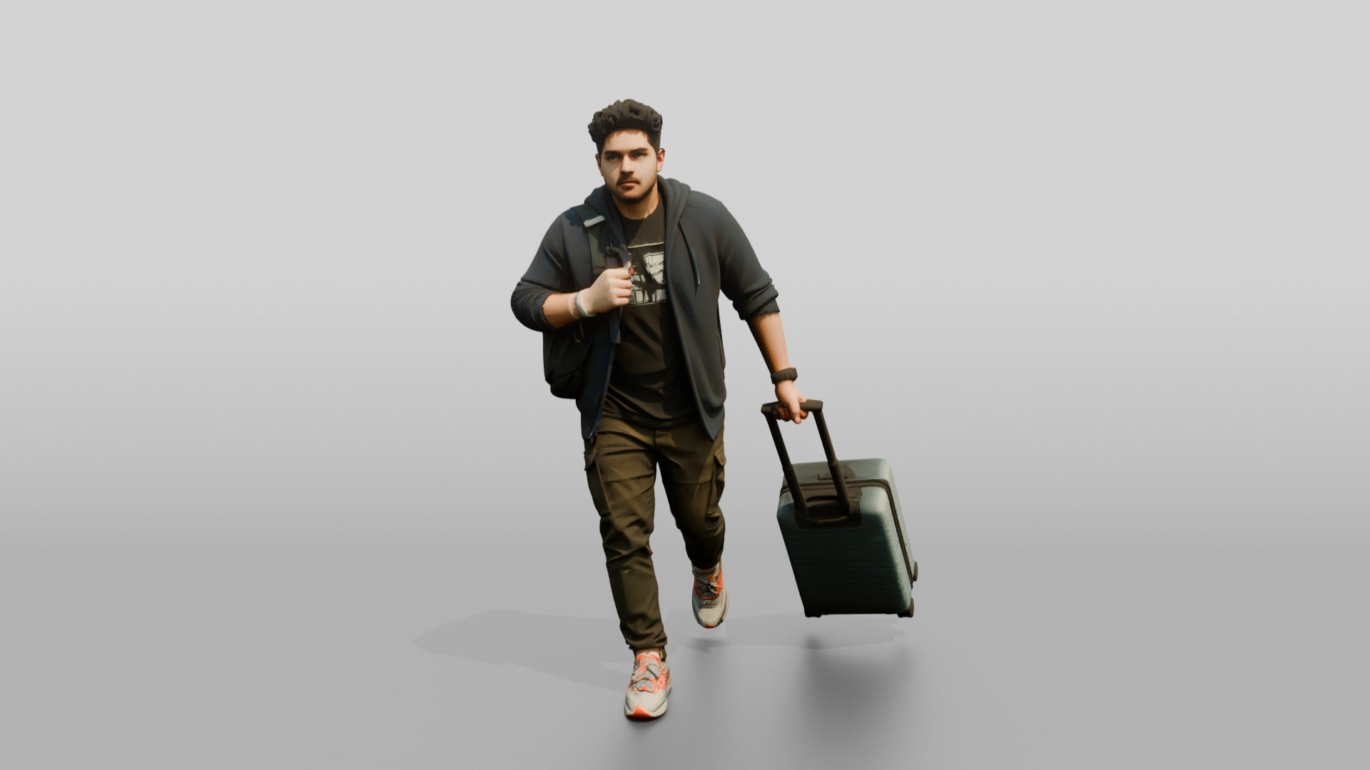 Plus-Size Man Running Through Airport Pulling Rolling Suitcase