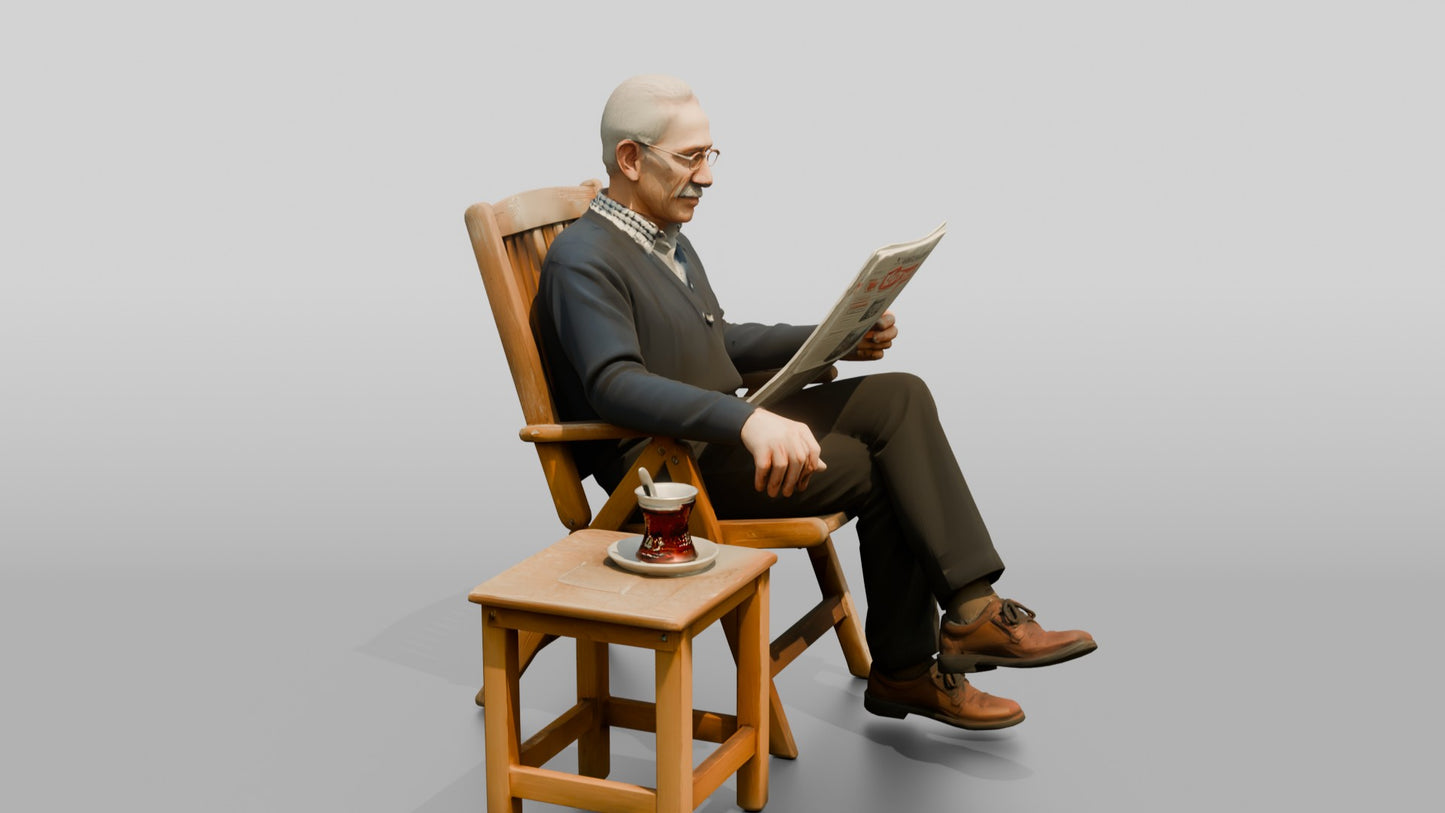 Elderly Man Reading Newspaper with Tea