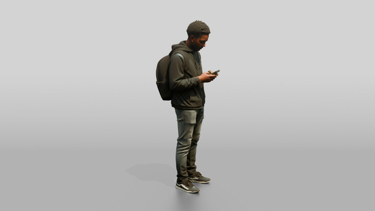 Black Man Texting in Black Windbreaker - 3D character model, view 2