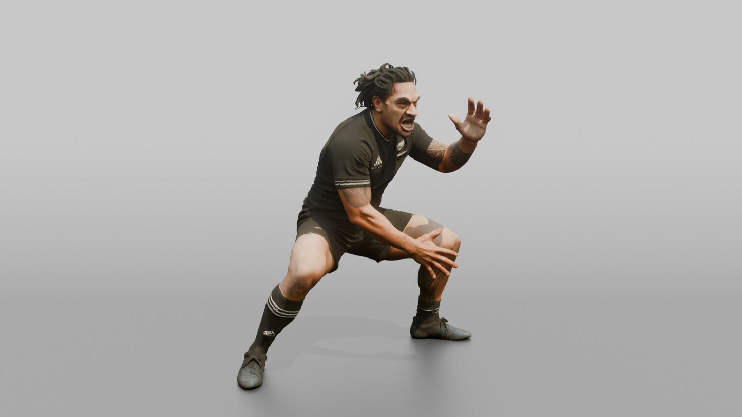 Polynesian Player in a Low Crouch Haka Movement